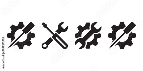 Four black tool on white background tools gears wrench