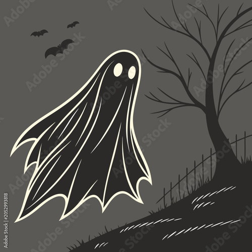 Obraz na płótnie Spooky ghost silhouette flying by haunted tree and bats with halloween silhouett