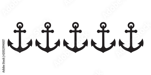 Horizontal Row of Five Black Silhouette Anchor on a White Background kcd6qbvzfmmq