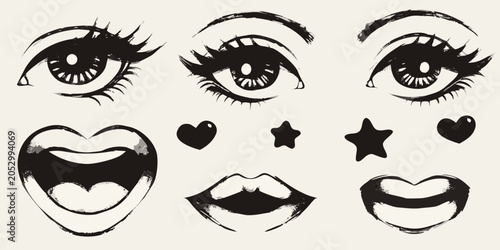 Schilderij op canvas Facial Features Illustration With Eyes Mouths Hearts And Stars