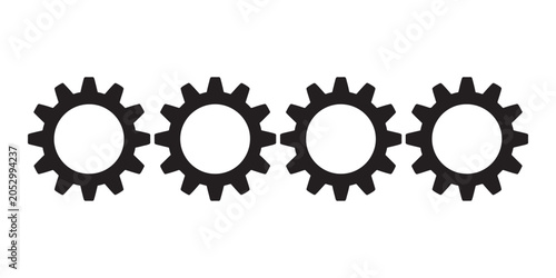 Row of Four Black Silhouette Gear Cogwheel Arranged Horizontally on a White Background