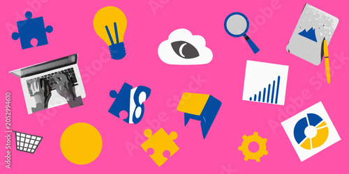 Foto Mixed Media Collage Featuring Business Elements On Pink Background