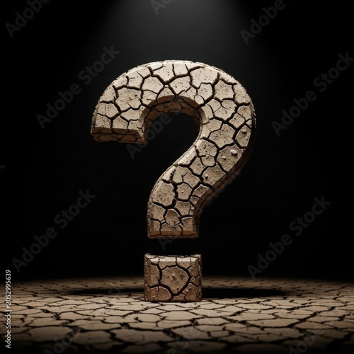 Cracked earth question mark symbol standing on dry desert ground