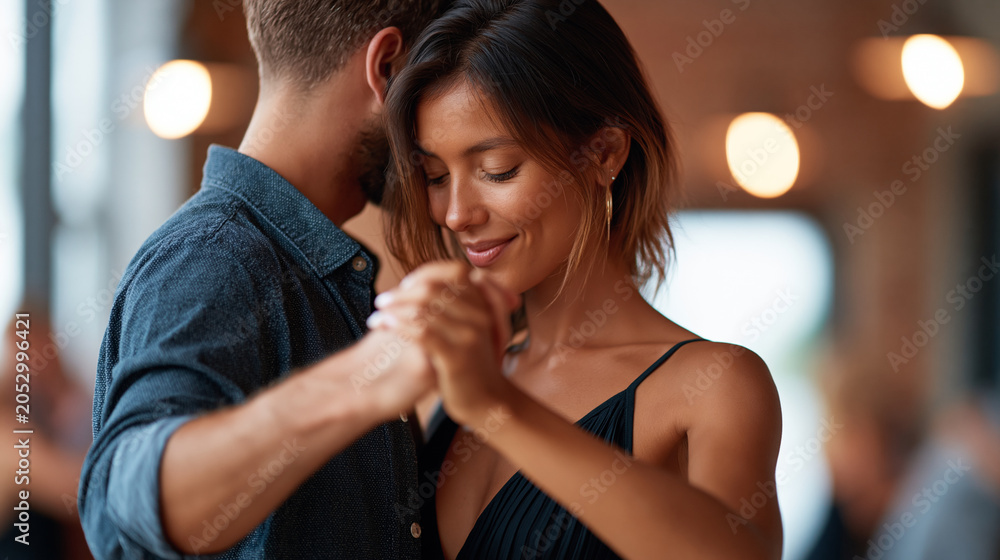 Obraz premium Anonymous couple practicing Latin dance together during a studio lesson, social dance and partner connection concept, faceless, defocused, with copy space