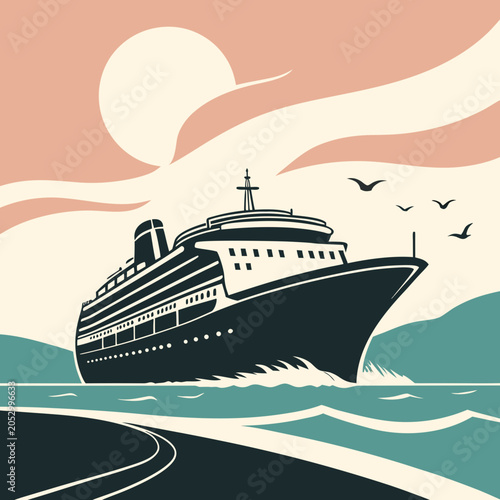 Cruise ship at sunset on ocean water illustration with vacation nautical maritime transport seascape traveling