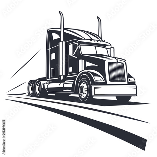 Semi truck heavy freight vehicle illustration in black and white style with transport logistics delivery shipping