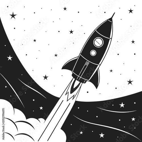 Rocket ship launching into outer space among stars with spaceship exploration astronomy universe astrophysics