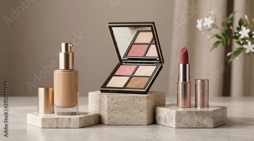 Makeup palette and cosmetics arrangement on minimalist bathroom counter with natural light