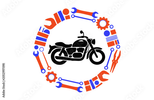 Circular frame of tools and gears with motorcycle silhouette inside, no background