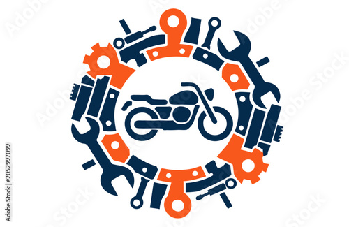 Circular frame of tools and gears with motorcycle silhouette inside, no background