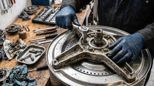 Mechanic Repairing Car Brake System in Workshop with Tools