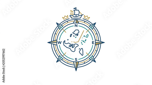 Fotografie Nautical Compass Rose with Islands and Ship Emblem.