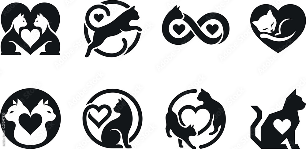 Fototapeta premium Cat Love Logo Collection Vector Set