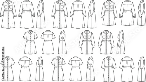 Cuadro en lienzo Technical fashion sketches of shirt dresses with varied sleeve lengths, button front, chest pockets, and elastic waist details