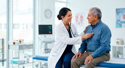 Female cardiologist using a stethoscope to examine a senior Hispanic male patient. Smiling doctor listening to heart in a modern medical clinic. Healthcare and cardiology checkup concept