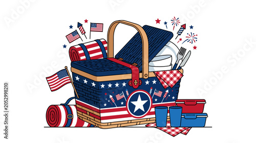 American flag themed picnic basket with summer party supplies