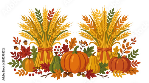 Autumn harvest festival arrangement with pumpkins and wheat.