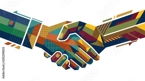 Abstract geometric handshake in vibrant multicolored patterns.