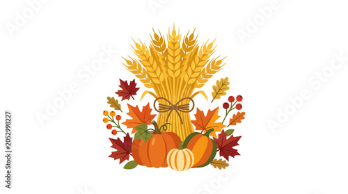 Autumn harvest arrangement with pumpkins wheat and fall leaves