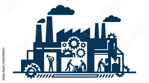Blue factory silhouette with workers and industrial machinery.