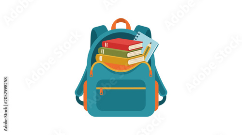 Blue school backpack with colorful books and notebooks.
