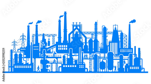 Blue silhouette of an industrial factory and power plant.