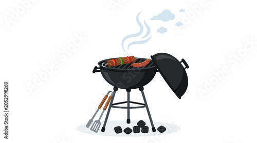 Charcoal barbecue grill cooking sausages with rising smoke.