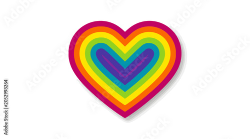 Colorful layered rainbow heart sticker icon with drop shadow.