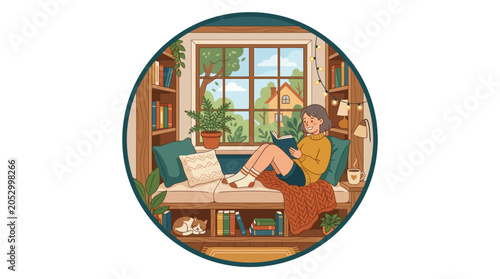 Cozy interior scene of a woman reading by window.