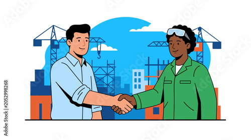 Construction workers shaking hands at a building site.