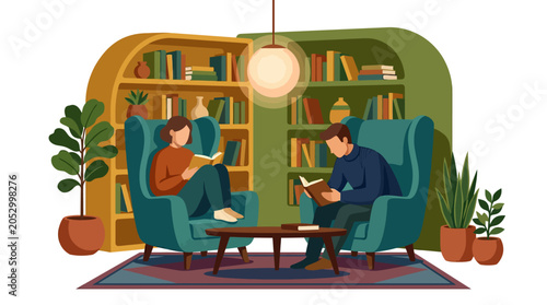 Cozy library interior with two people reading in armchairs.