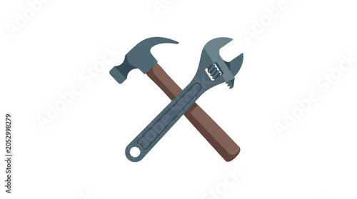 Crossed hammer and adjustable wrench hand tools.