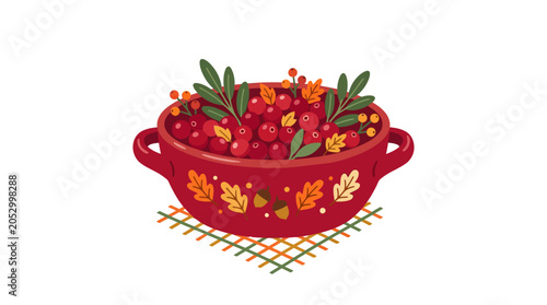 Decorative bowl filled with red berries and fall leaves.
