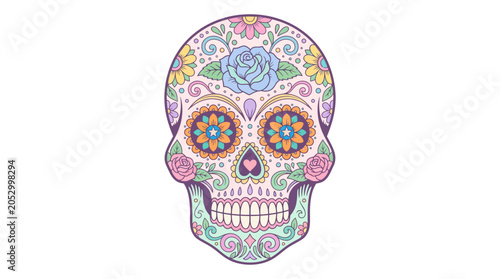 Decorative Mexican sugar skull with colorful floral patterns.