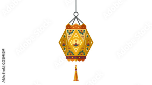 Decorative Diwali lantern hanging on white background.