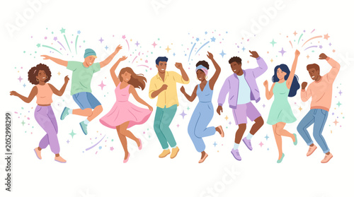 Diverse group of happy people dancing and celebrating together.