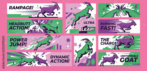 Goat action banner set. Collection of dynamic goat illustrations. Vector graphic design elements
