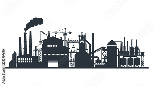 Quadro su tela Detailed industrial factory silhouette with cranes and smoking chimneys