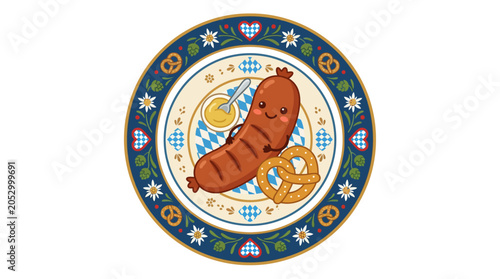 Foto Cute smiling sausage character on traditional Bavarian plate.