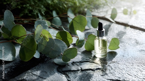 Natural organic skincare serum bottle with green leaves for spa and wellness.