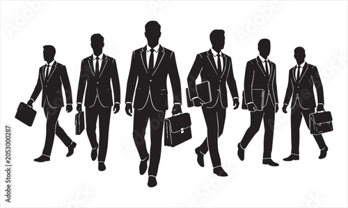 Silhouettes of business men walking in suits with briefcases isolated