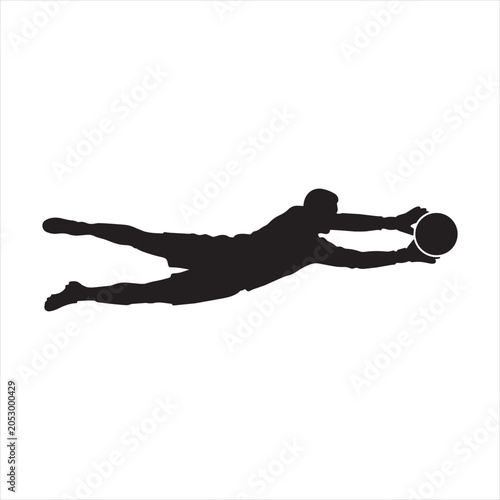 Silhouette of a soccer goalkeeper diving to catch the ball isolated