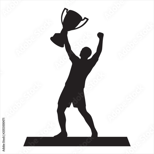 Silhouette of a champion holding a trophy cup in victory celebration