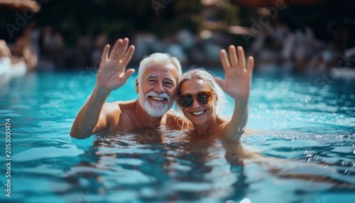 Joyful elderly man and woman in swimwear smiling, waving in outdoor pool. Vibrant daylight reflects on rippling blue water, showcasing cheerful expressions, active lifestyle, happy retirement concept
