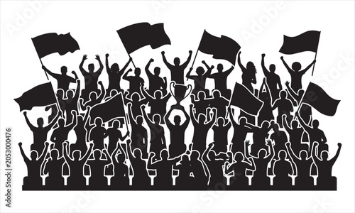 Crowd of cheering sports fans holding flags and a trophy