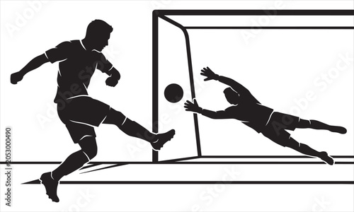 Silhouette of a soccer player kicking a ball into the goal with a goalkeeper