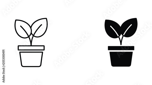 фотографія Simple sprout in flowerpot icon set with outline and solid black silhouettes