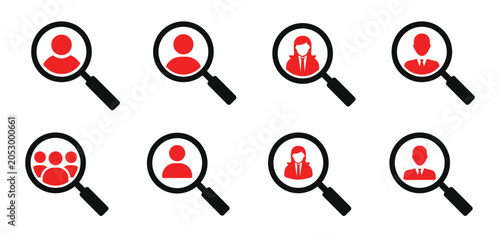 Foto Red and black magnifying glass with human silhouettes for recruitment and person