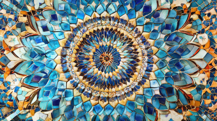 Intricate Mandala Pattern with Blue and Gold Floral Design on Dark Background