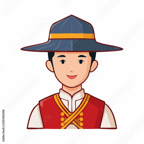 Cartoon Man in Traditional Asian Hat and Vest